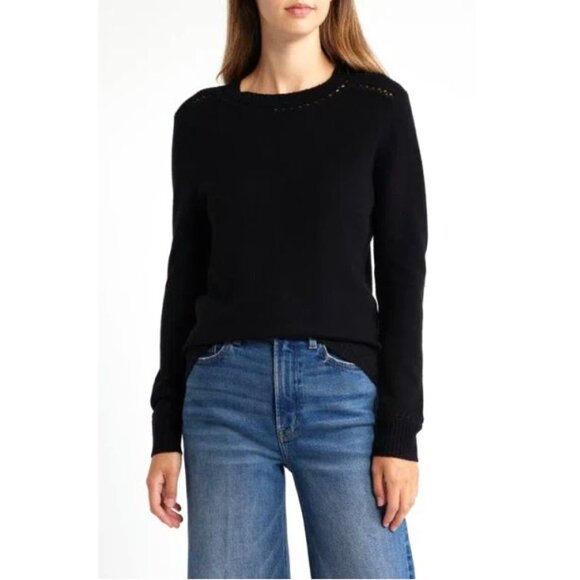 GRIFFEN Open Stitch Trim Wool & Cashmere Crewneck Sweater Size M Black NEW - Picture 1 of 5